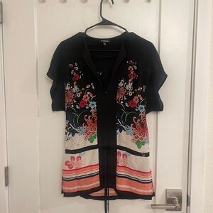 Vintage Silk Y2K bebe Black‎ Floral Split-Neck Short Sleeve Beach Cover Up